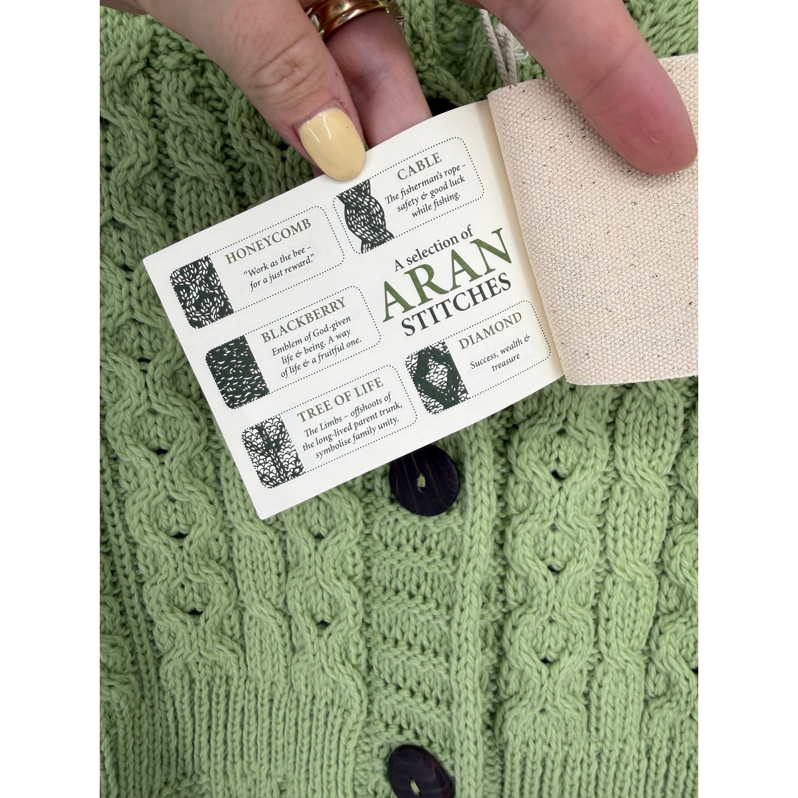 New Aran Woollen Mills Sage Green 100% Merino Wool Cable Knit Cardigan Irish S — image 6 of 8